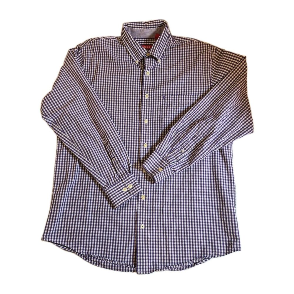Izod Men's Large Tall Button-Down Shirt Purple White Check Long Sleeve Cotton